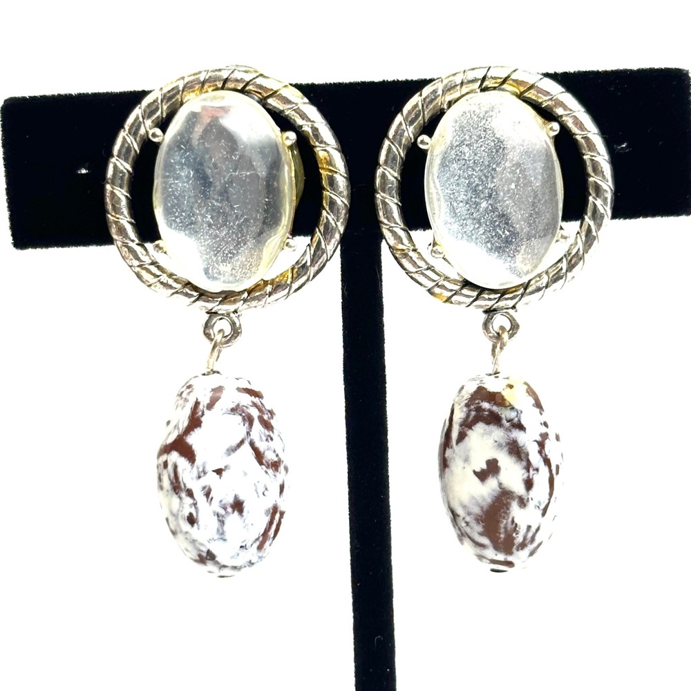 Vintage Silver Tone Clip On Dangle Earrings Marbled Brown White Bead Clear Stone